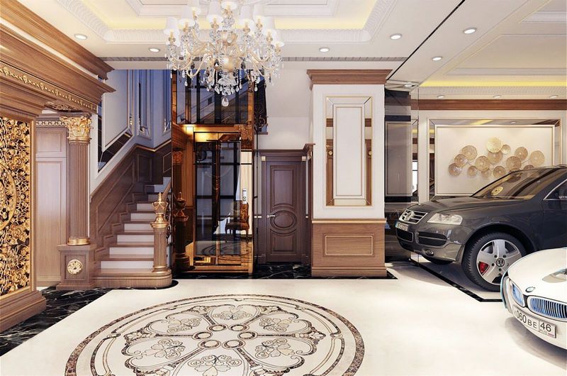 Biệt thự phong cách cổ điển có thể chọn tông màu tối cho thang máy
